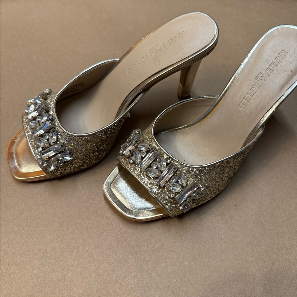 Karl Lagerfeld Gold Crystal Embellished Mules - Picture 3 of 5